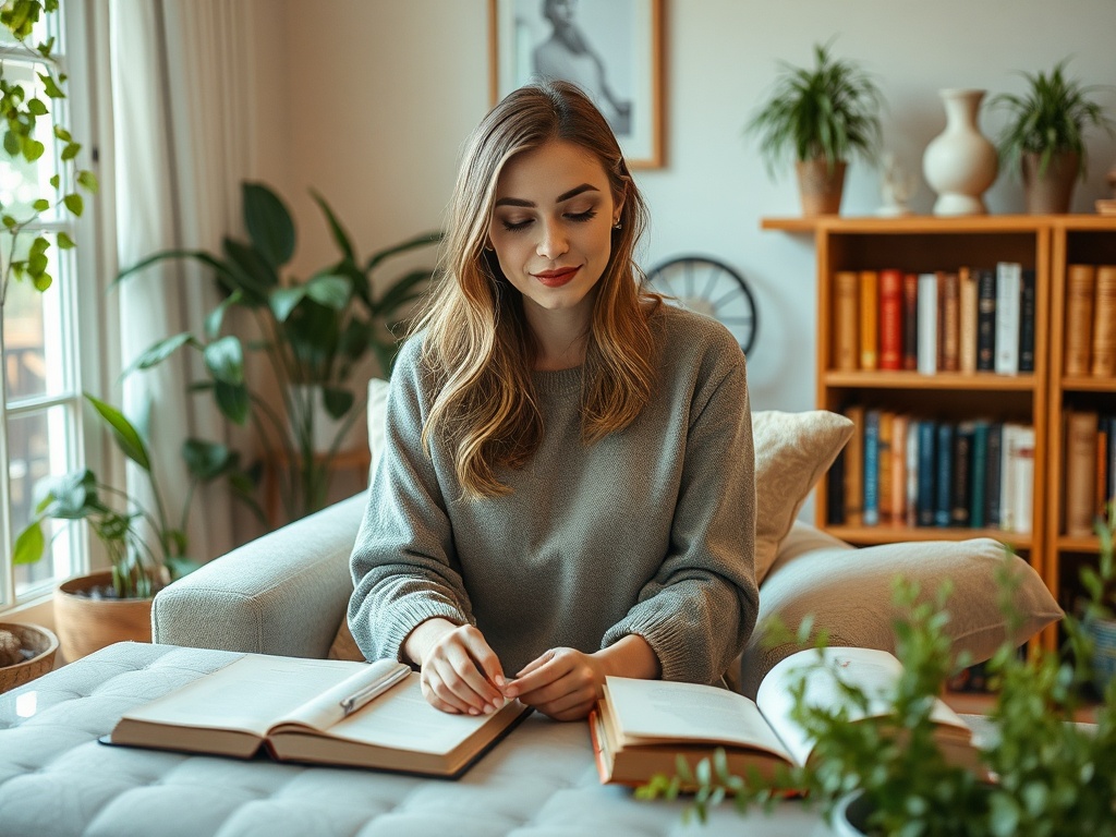 Молодая женщина сидит на диване с книгами в уютной комнате, окруженной зелеными растениями.