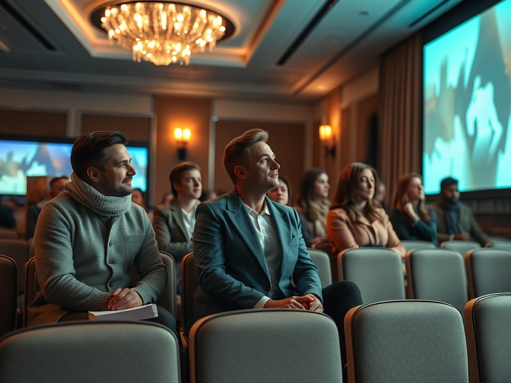 Аудитория внимательно слушает на мероприятии, сидя в ряд в комфортных креслах. На экране - презентация.