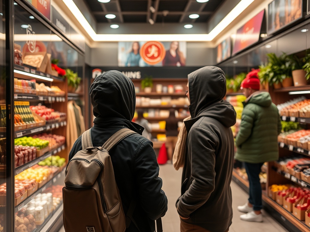 Два человека с рюкзаками смотрят на продукты в магазине, другие покупатели на заднем плане.