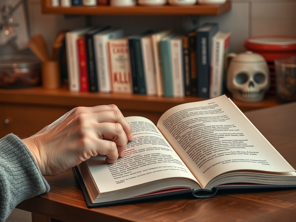 Открытая книга на столе, рука переворачивает страницу, на фоне книги и скульптуры черепа.